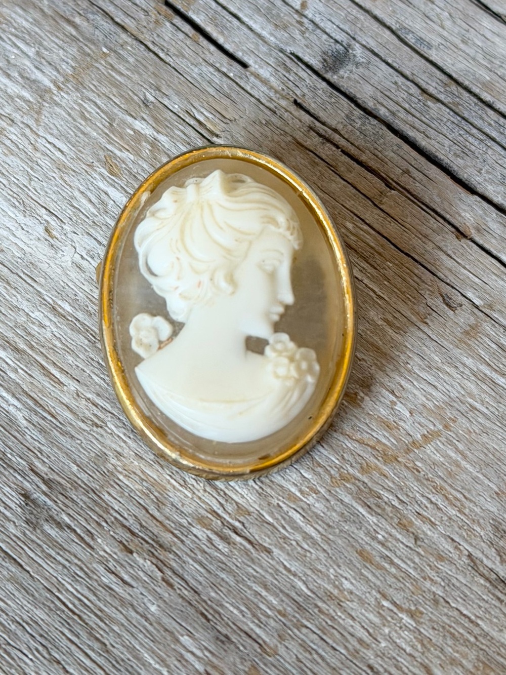 Vintage Hand-Carved Female Portrait Shell Cameo Brooch Pin - Unmarked Gold Tone